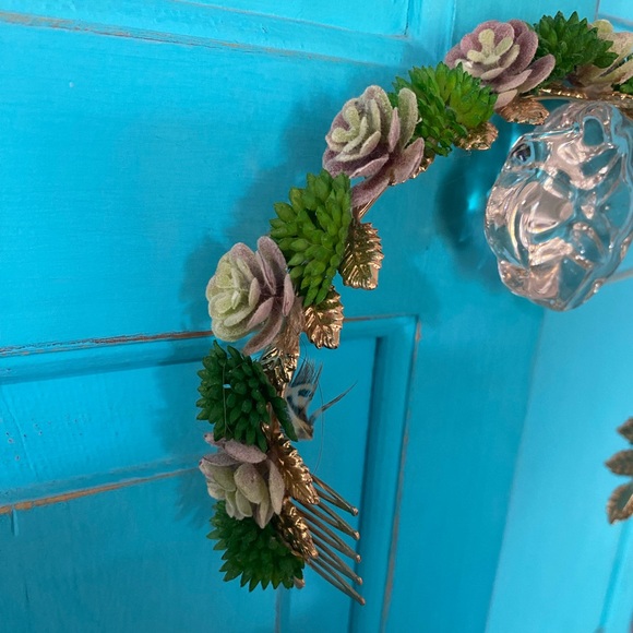 Crown Headband Faux Succulent Woodland Floral Handmade Wedding Prom Tiara Gold - Picture 3 of 11